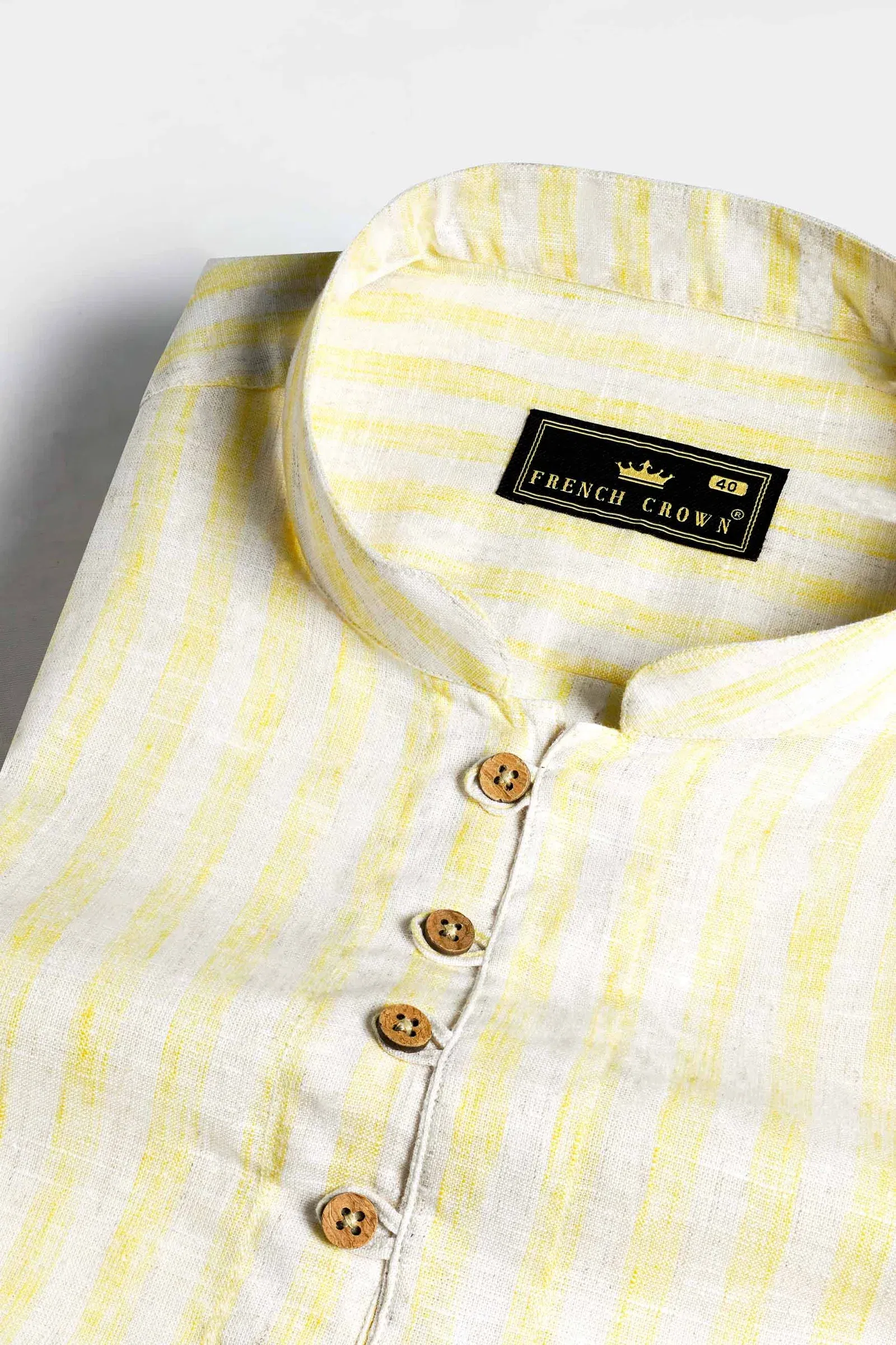 Yellow And Grey Stripe Mandarin Collar Shirt Beyoung