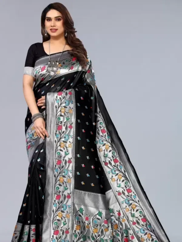 Blazik Embellished Black Paithani Jacquard Saree
