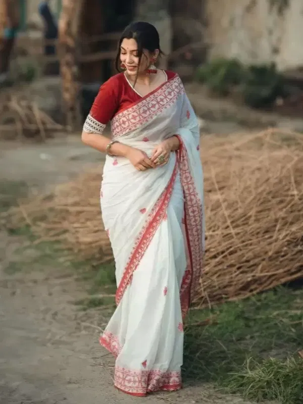 Pheasant Self Design Red & White Cotton Linen