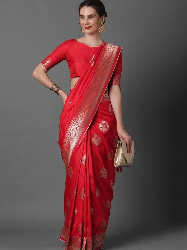 Mitera Red & Silver-Coloured Ethnic Motifs Zari Woven Design Silk Blend Banarasi Saree