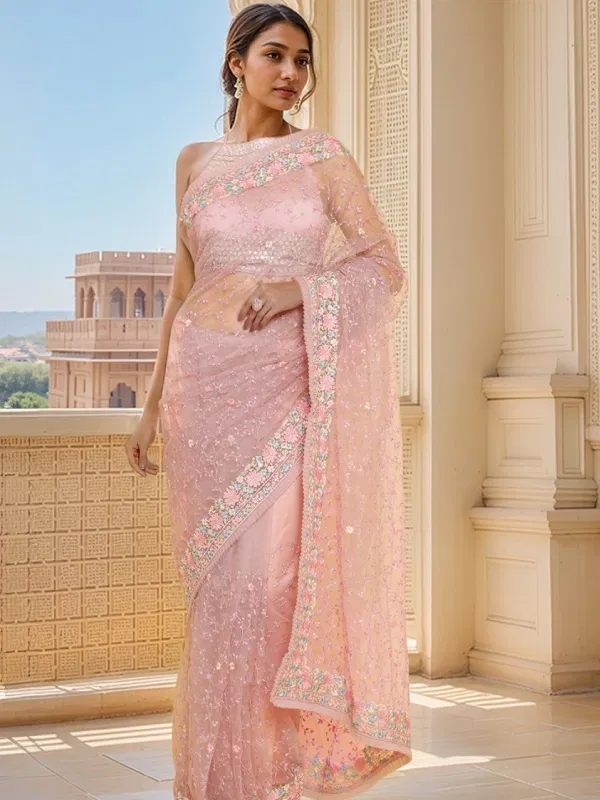 Soch Purple & Blue Floral Embroidered Net Saree