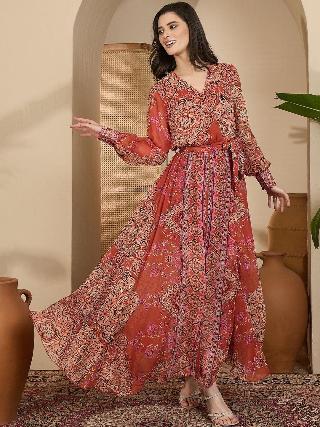 Sangria Printed A-Line Maxi Dress