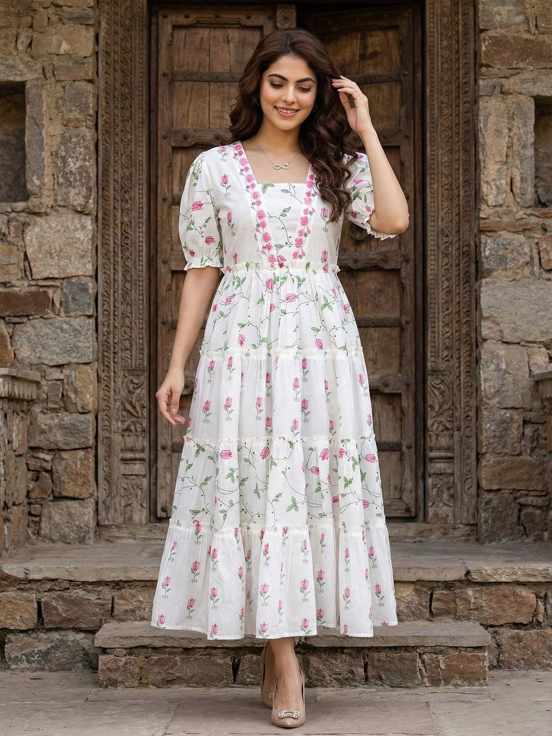 Anouk Floral Print Puff Sleeve A-Line Maxi Dress