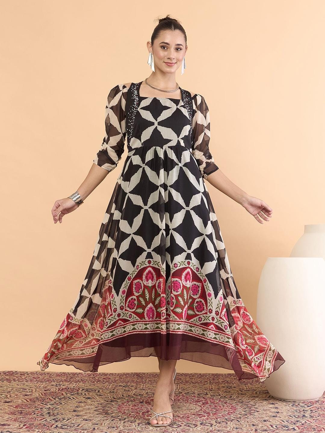 Antheaa Women Geometric Print Embellished Puff Sleeve A-Line Maxi Dress