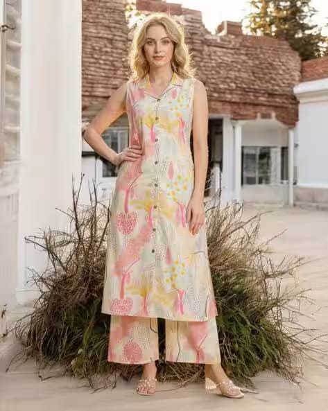 18INDIA Cream Women Printed 2-Piece Straight Kurta Set