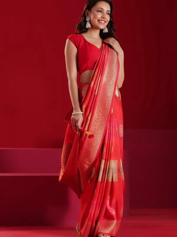 Libas Art Red Woven Design Satin Saree