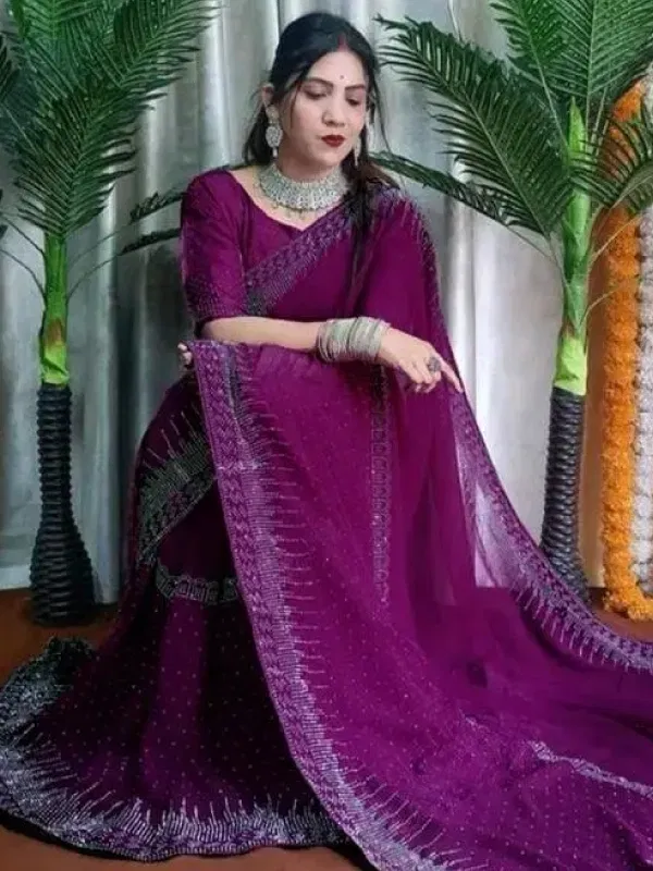 Swarovski Crystal Diamond Self Design Wine Saree