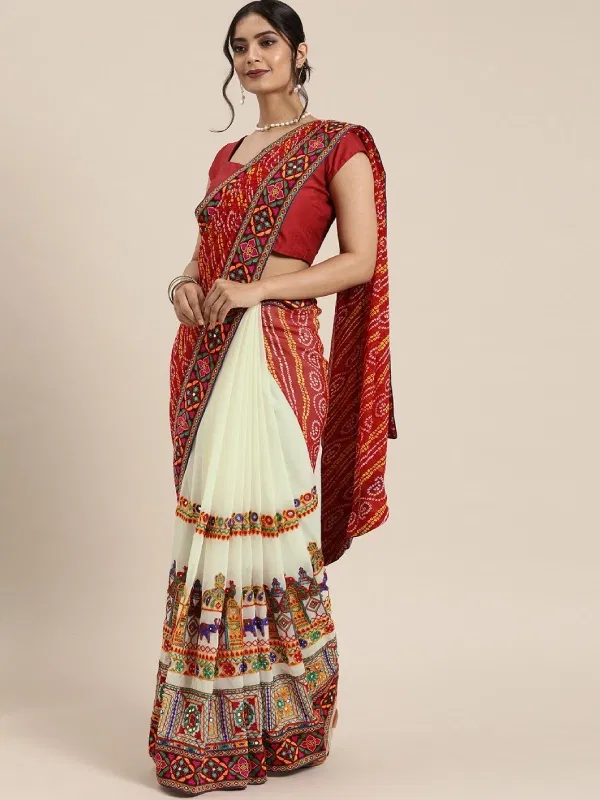 Mitera Red & Off-White Pure Georgette Embroidered Bandhani Saree