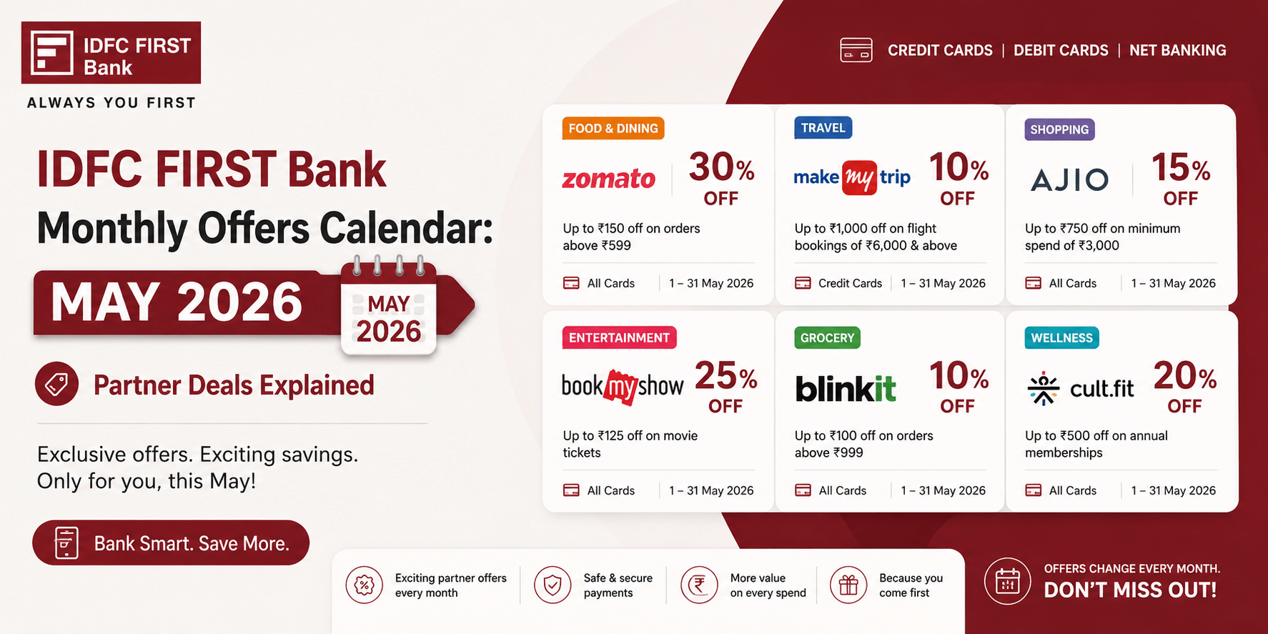idfc first bank monthly offers calendar may 2026 partner deals explained