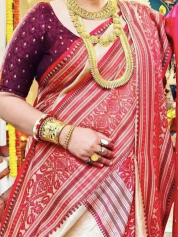 Red & White Tussar Saree 
