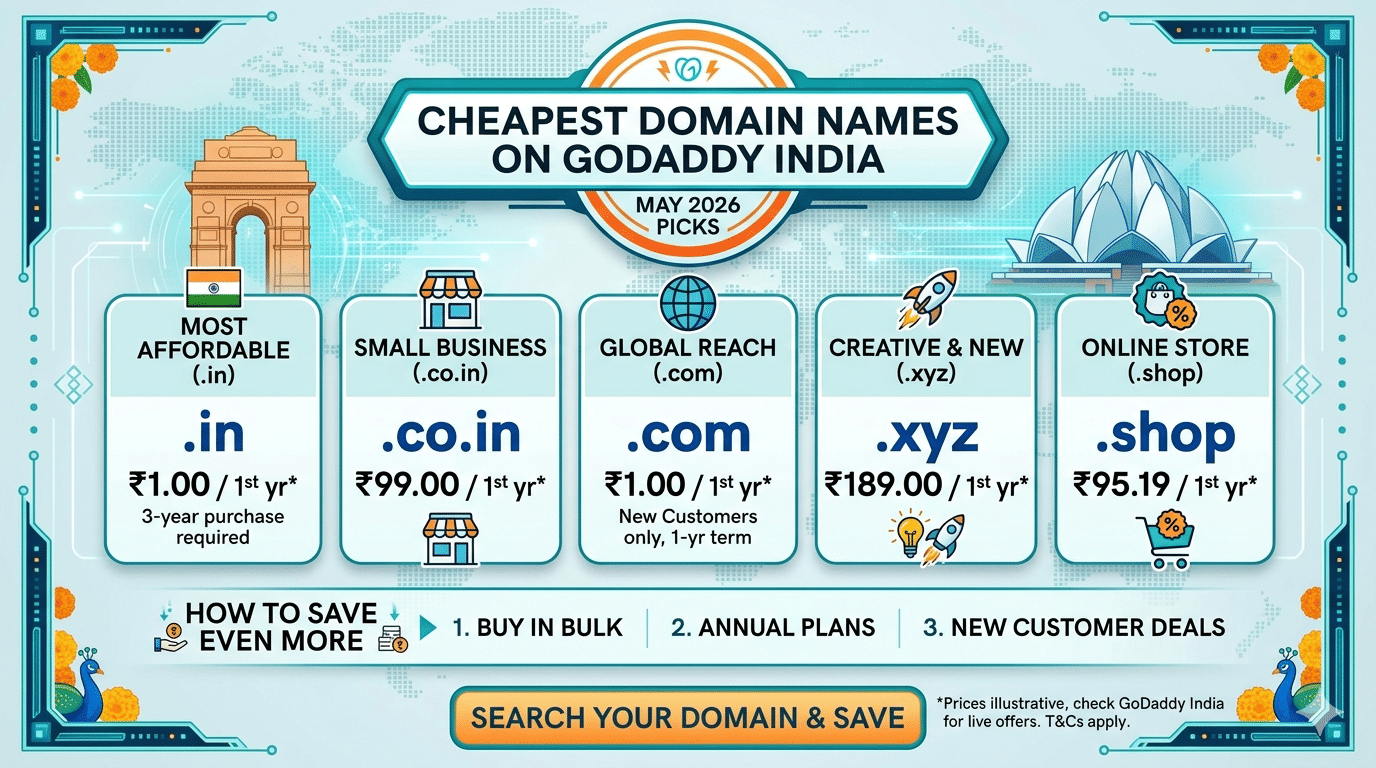 Cheapest domain names on GoDaddy India May 2026
