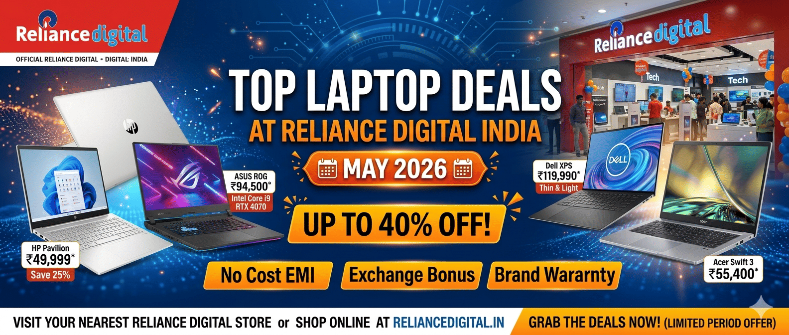 Top laptop deals at Reliance Digital India May 2026 — MacBook Air M4, HP, Dell, ASUS