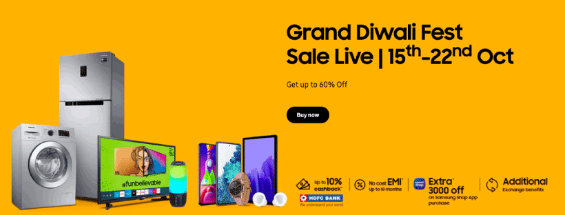 Samsung Grand Diwali Fest 2021 | 44% Off + 10% Cashback On All Products