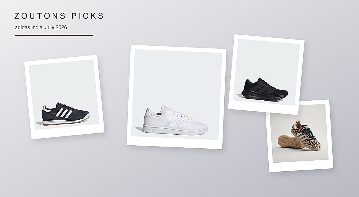 adidas India July 2026 Zoutons Picks collage — adidas Advantage Base sneakers, SL 72 RS heritage running shoes, Hurtle flip-flops and Samba OG shoes