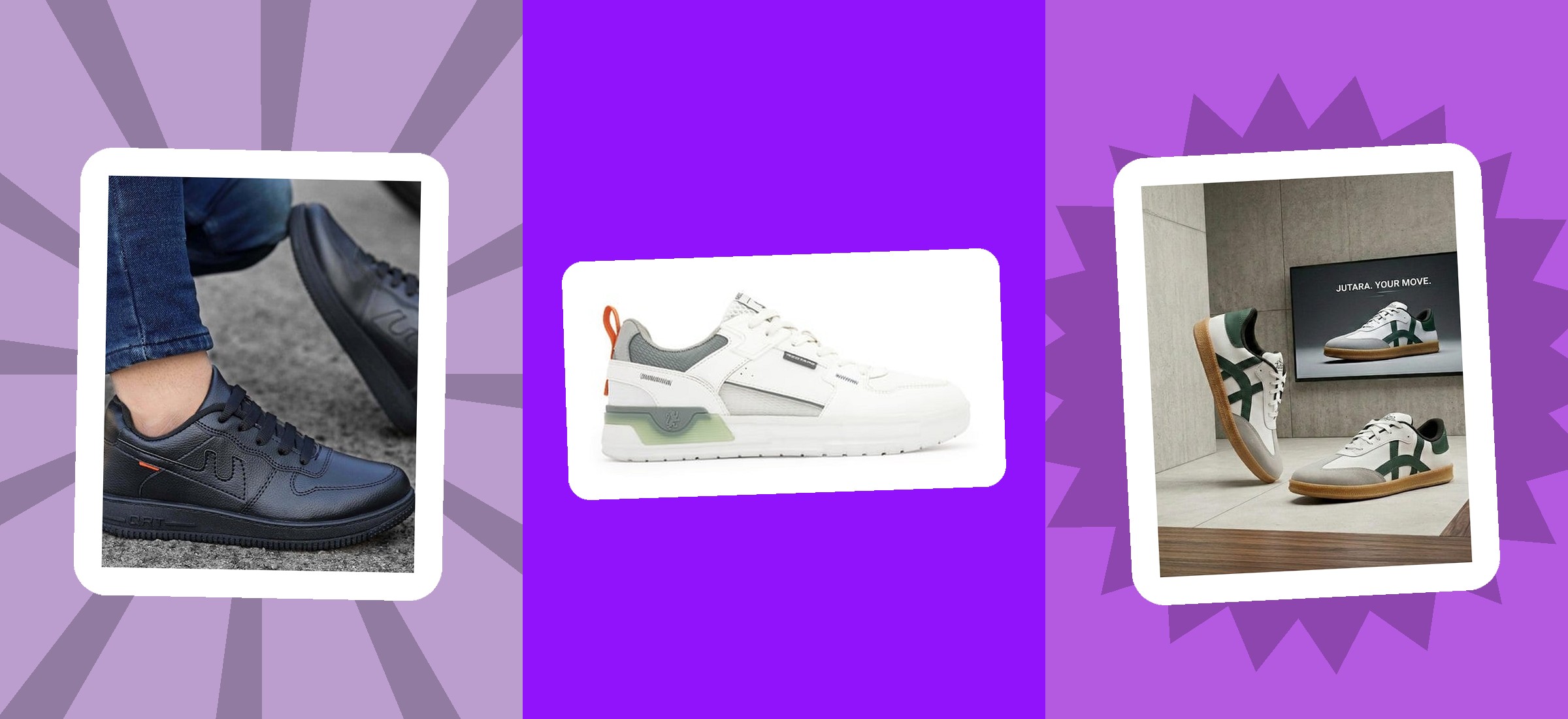 Three pairs of shoes sold on AJIO &mdash; an aadi casual shoe, a RED TAPE sneaker and a JUTAARA sneaker &mdash; arranged as a colour-block triptych, on this page about AJIO casual and sports shoe prices