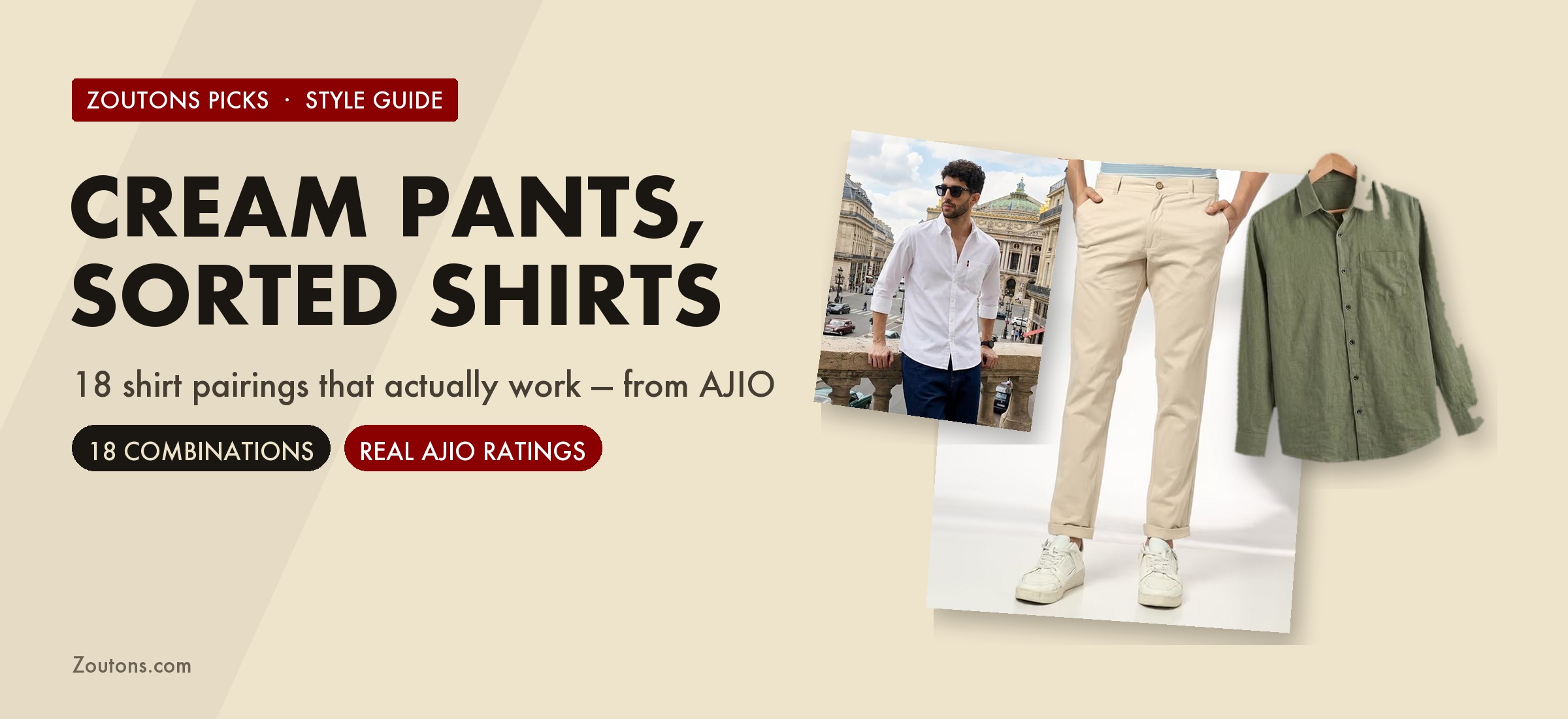 Best Shirt Combinations for Cream Colour Pants: 18 AJIO Picks by Colour