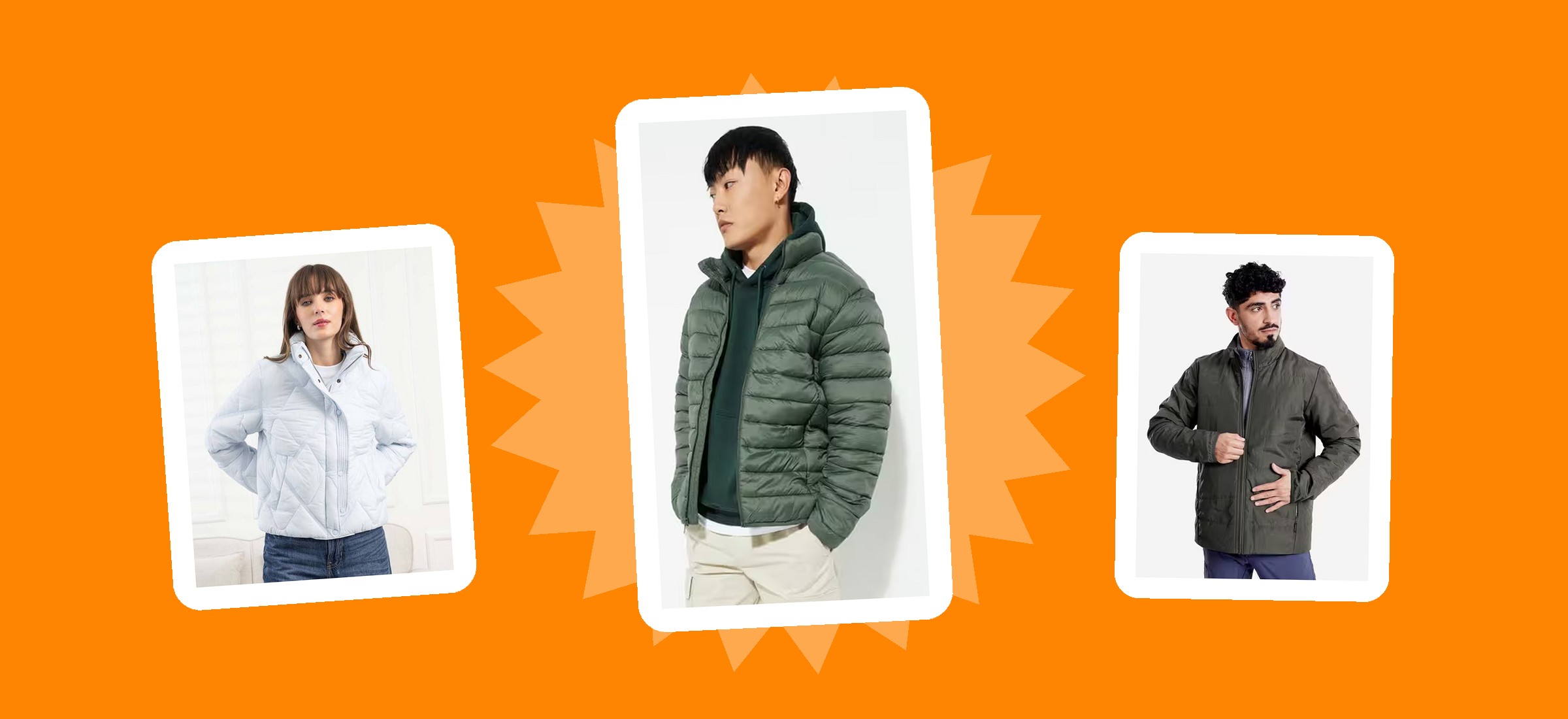 Three puffer jackets from this September 2026 read of AJIO listings - a MAX packable puffer at Rs. 1,300, a RED TAPE puffer at Rs. 1,462 and a Decathlon trekking puffer at Rs. 1,149 - shown as they appear in their own ajio.com listing photographs