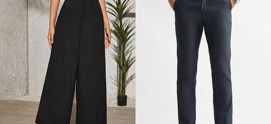 Two AJIO trouser listing photographs side by side - black wide-leg women's pants and navy men's tapered trousers - the jeans, trousers and chinos this read of AJIO listings under Rs. 999 covers in August 2026