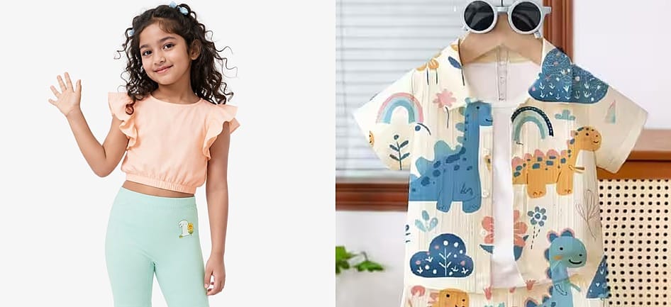 A young girl in a top and leggings, and a printed kids' shirt and shorts set - the children's clothing category this AJIO August 2026 price read covers, from Rs. 91 to Rs. 709