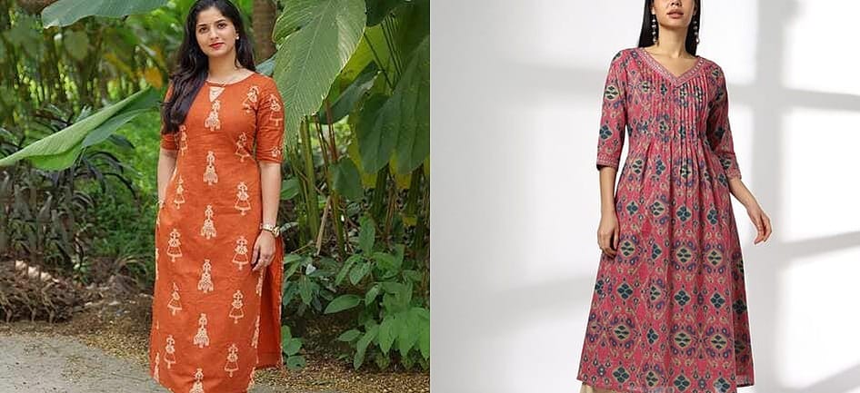 Two women photographed wearing printed cotton kurtas, one outdoors and one indoors - the kurta and kurta-set category this AJIO August 2026 price read covers, from Rs. 152 to Rs. 922