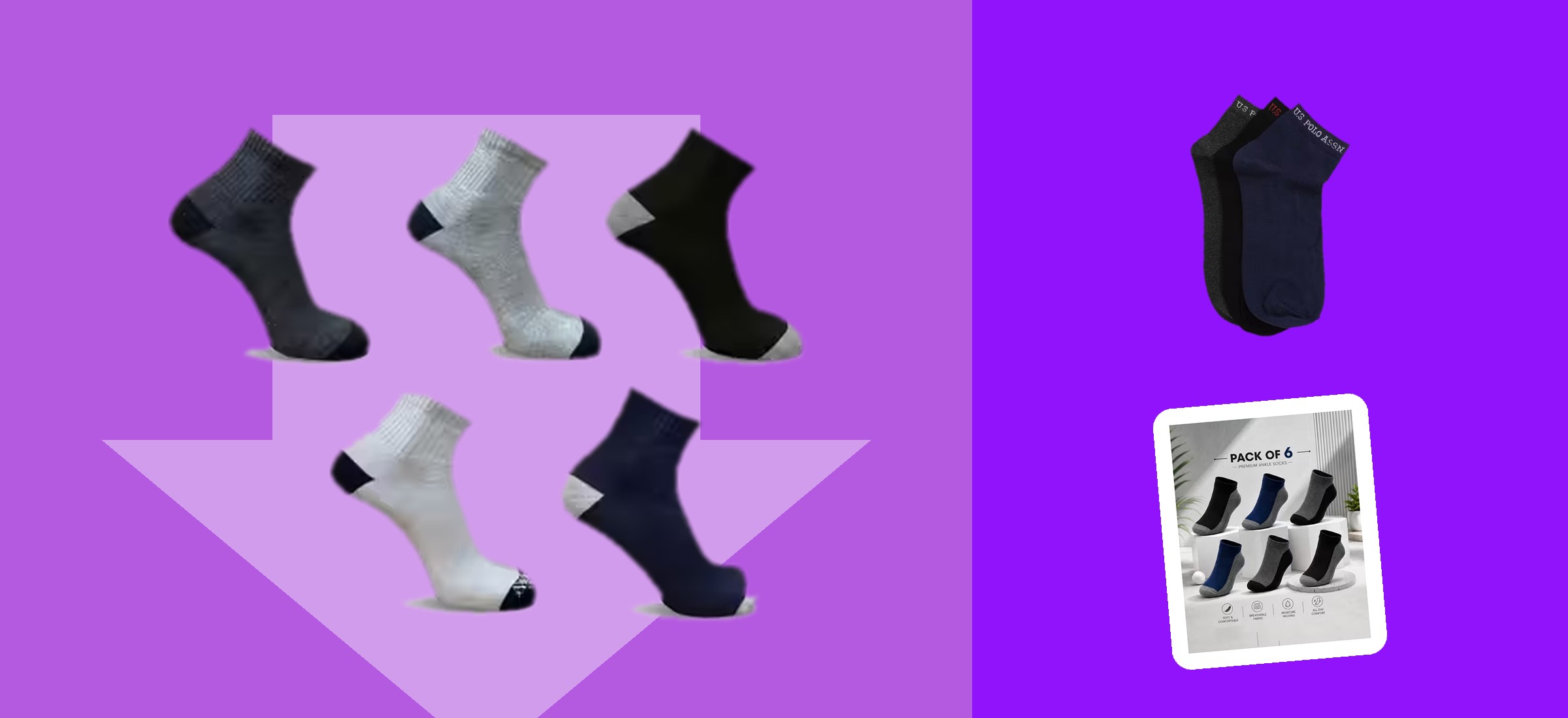 Sock packs priced in this September 2026 read of AJIO listings - a USOXO pack of five at Rs. 89, which works out at Rs. 17.80 a pair, a U.S. Polo Assn. pack of three at Rs. 407, which works out at Rs. 135.70 a pair, and a USOXO pack of six at Rs. 136 - shown as they appear in their own listing photographs