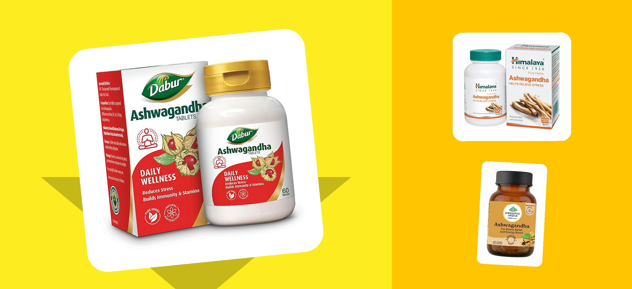 Three ashwagandha packs from this read of the Amazon shelf - Dabur, Himalaya and Organic India - shown as they appear in their own listing photographs, carrying their manufacturers' own printed label wording