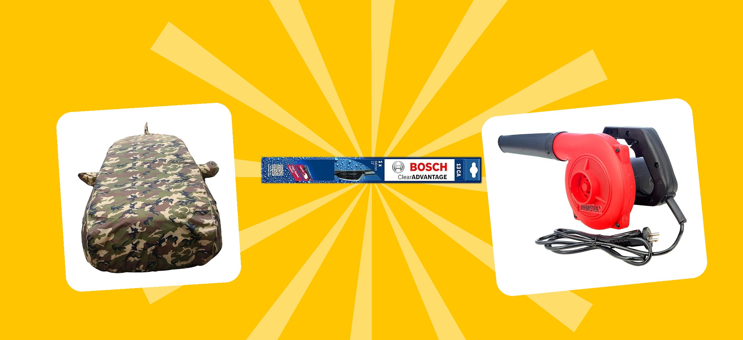 Car accessories priced in this September 2026 read of Amazon India listings - an Autofact waterproof car body cover at Rs. 2,624, a Bosch ClearAdvantage wiper blade at Rs. 379 and a Jakmister blower at Rs. 879 - shown as they appear in their own listing photographs