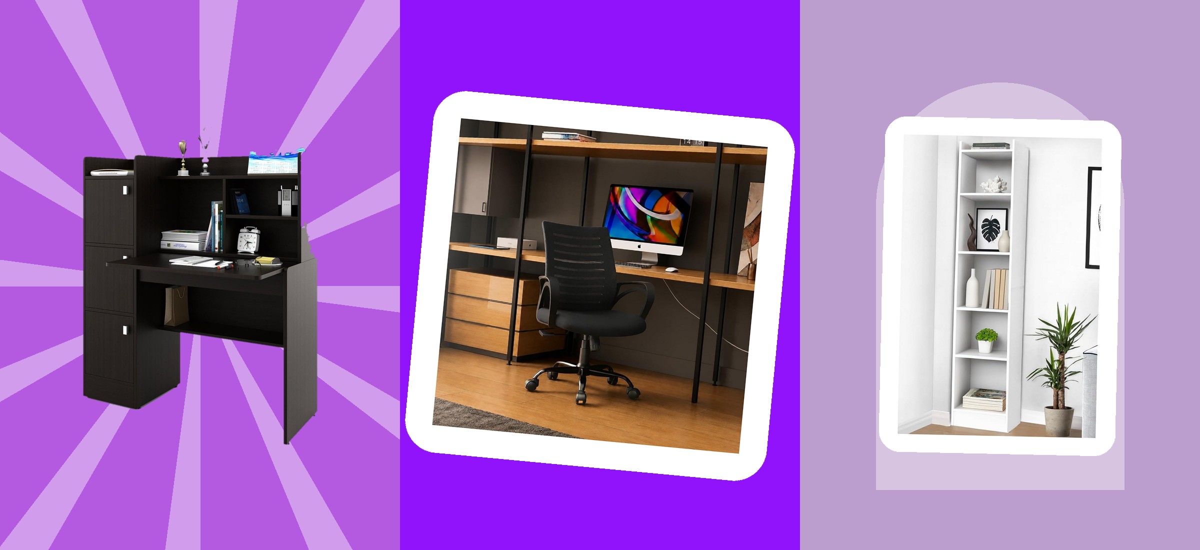A study table, an office chair and a bookshelf from Amazon India's own listing images, read 31 August 2026 - this page prices Amazon home-office furniture