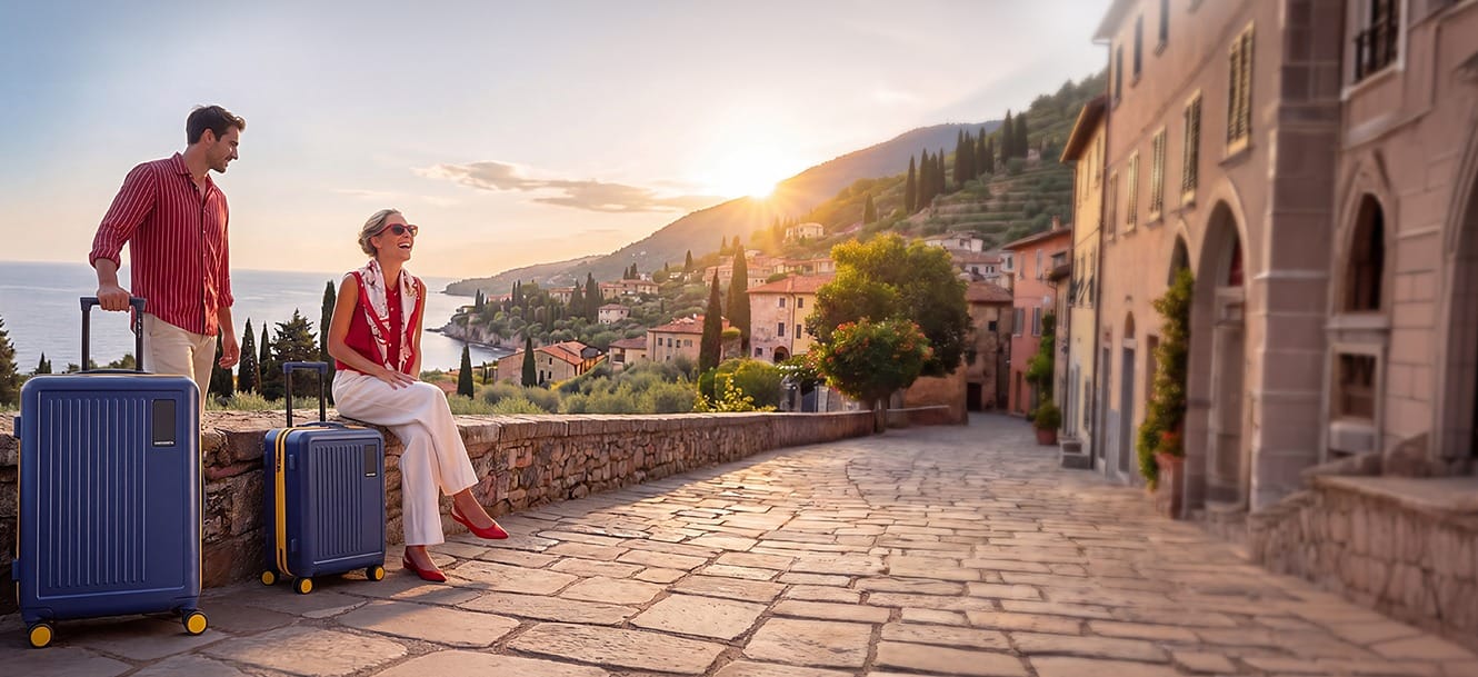 Two travellers with wheeled trolley cases on a stone street at sunset - the luggage and travel-bag category this Amazon August 2026 price read covers, from Rs. 839 rucksacks to Rs. 5,499 cabin trolleys