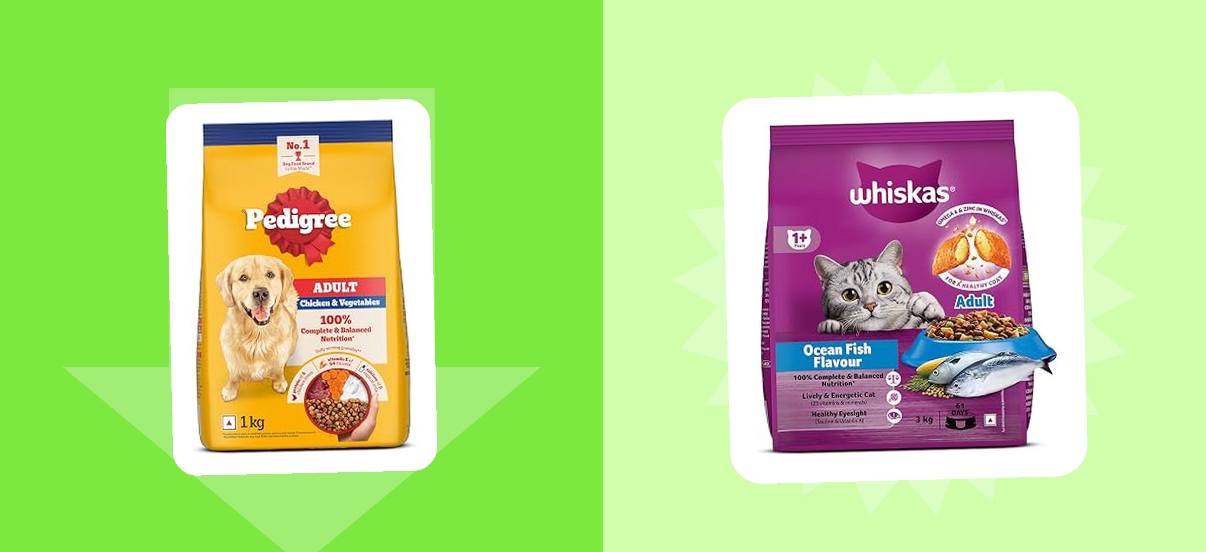 A bag of dry dog food and a bag of dry cat food from this read, in their own Amazon listing photographs on a colour-block banner