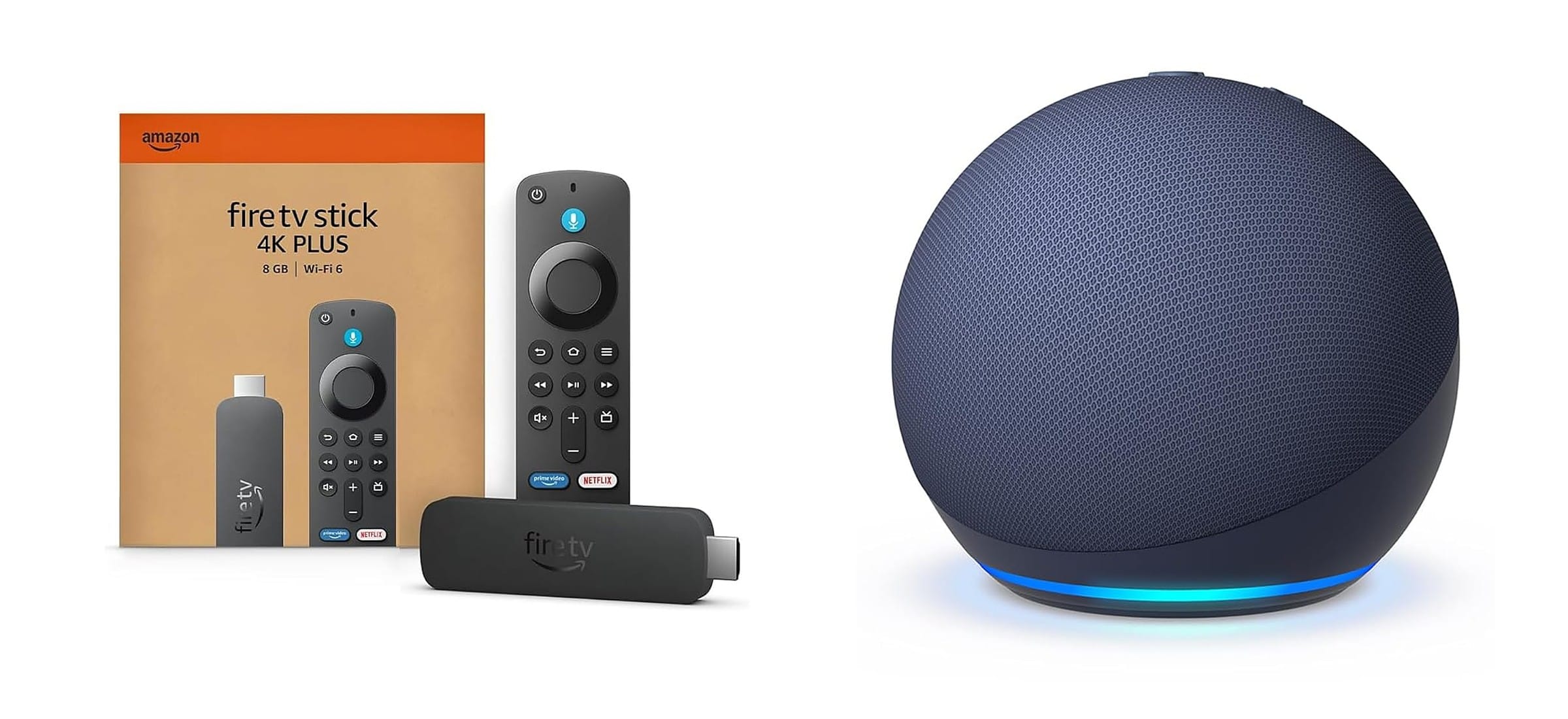 Amazon Fire TV Stick 4K Plus with its retail box and remote, and an Echo Dot smart speaker - the devices Amazon Prime's video and music benefits play on