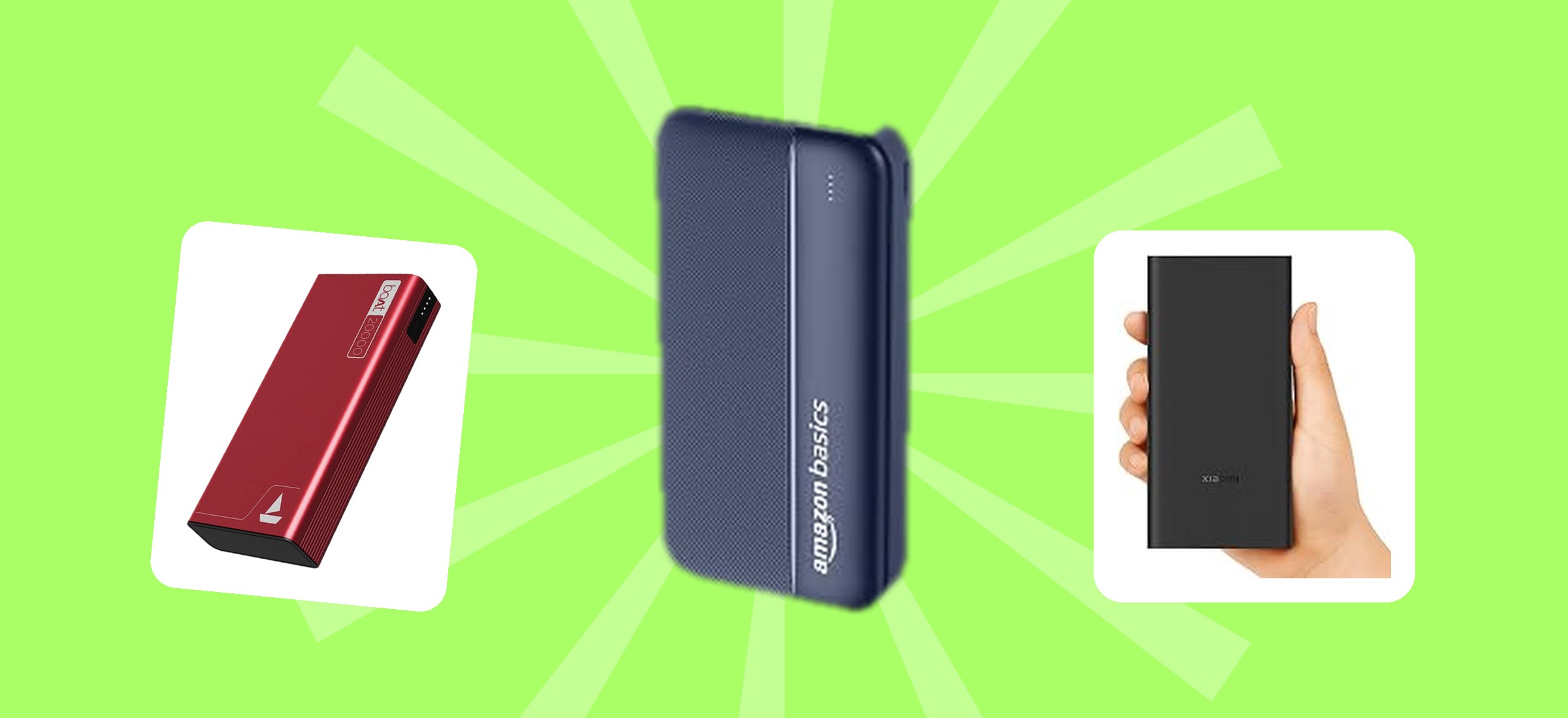Six of the power banks compared on this page - three read on Amazon, including the Amazon Basics 20,000mAh, and three read on Flipkart - shown as they appear on their listing pages