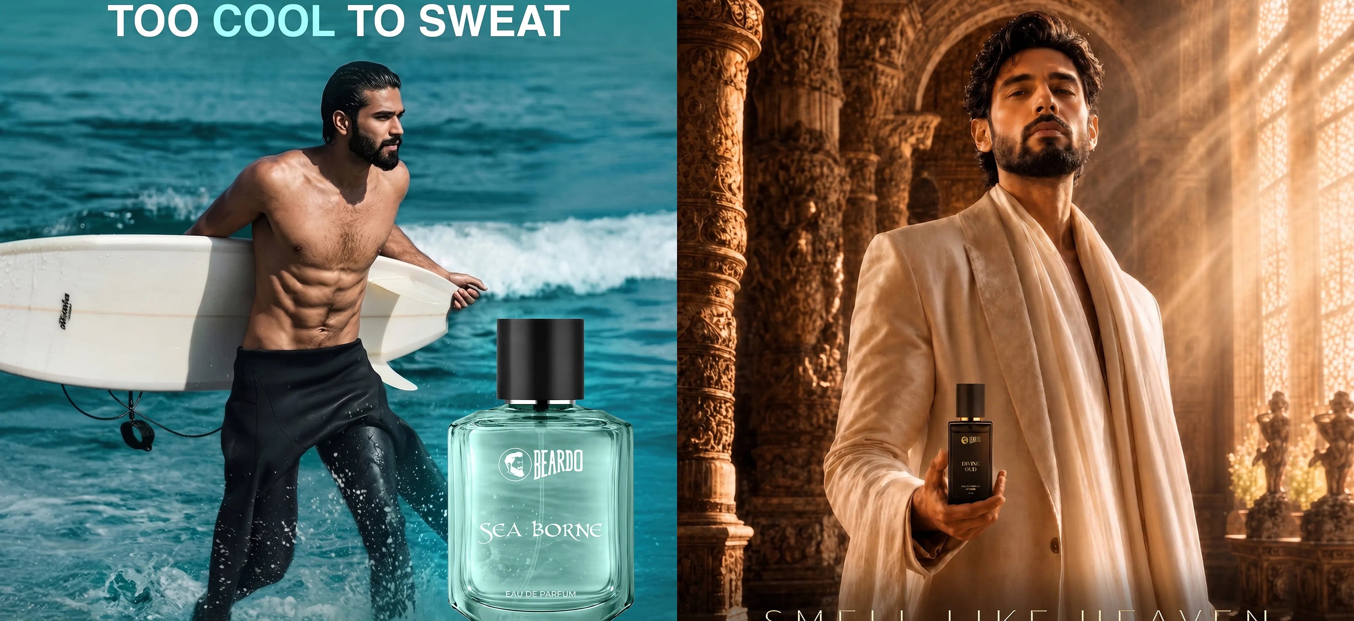 Two Beardo perfume campaign photographs, one on a beach and one in a lamp-lit interior, each with the fragrance bottle in frame - the perfume and grooming categories this August 2026 price read covers, from Rs. 199 to Rs. 1,499