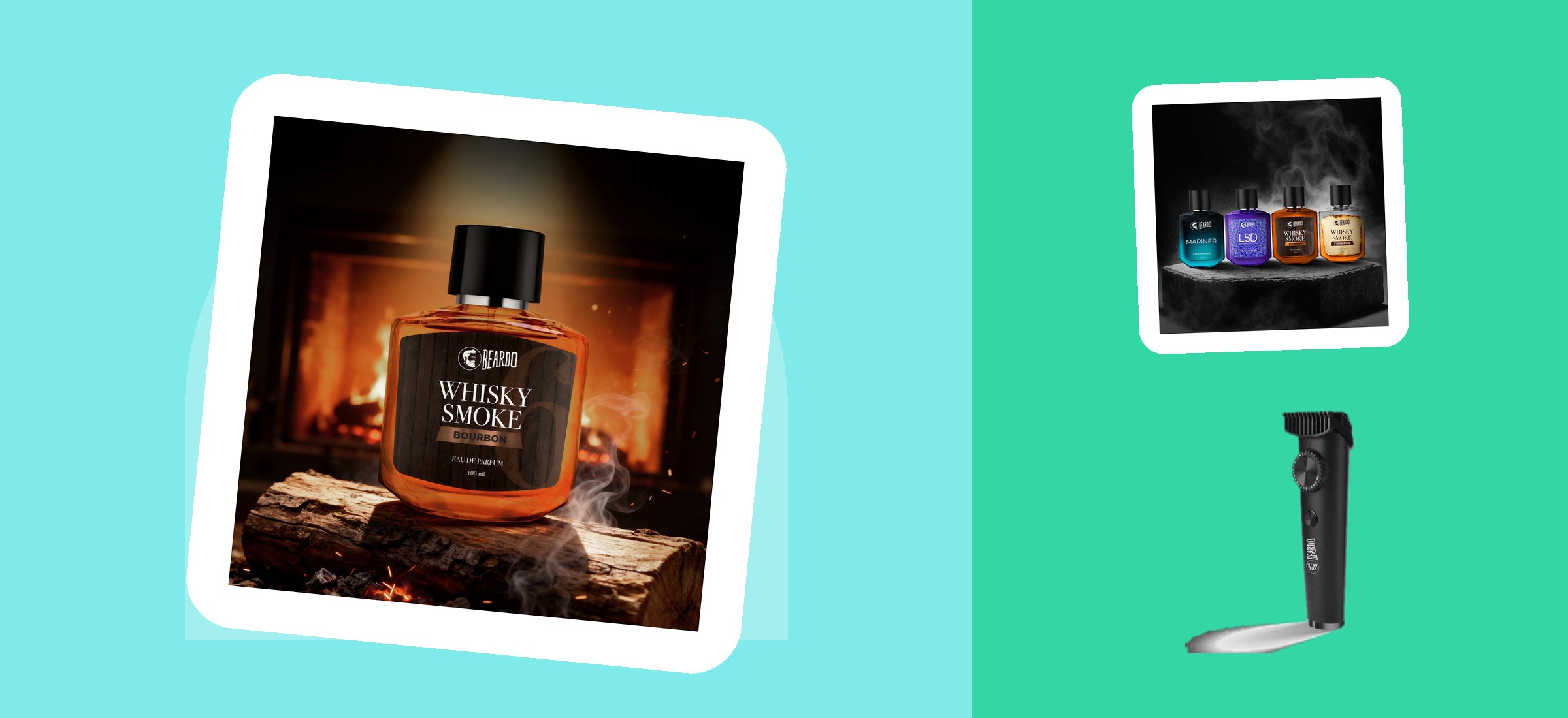 Three of the Beardo products from this August 2026 read of the brand's own store - the Whisky Smoke Bourbon 100 ml eau de parfum, the four-bottle perfume combo and the DON power trimmer - shown as they appear on their Beardo listing pages