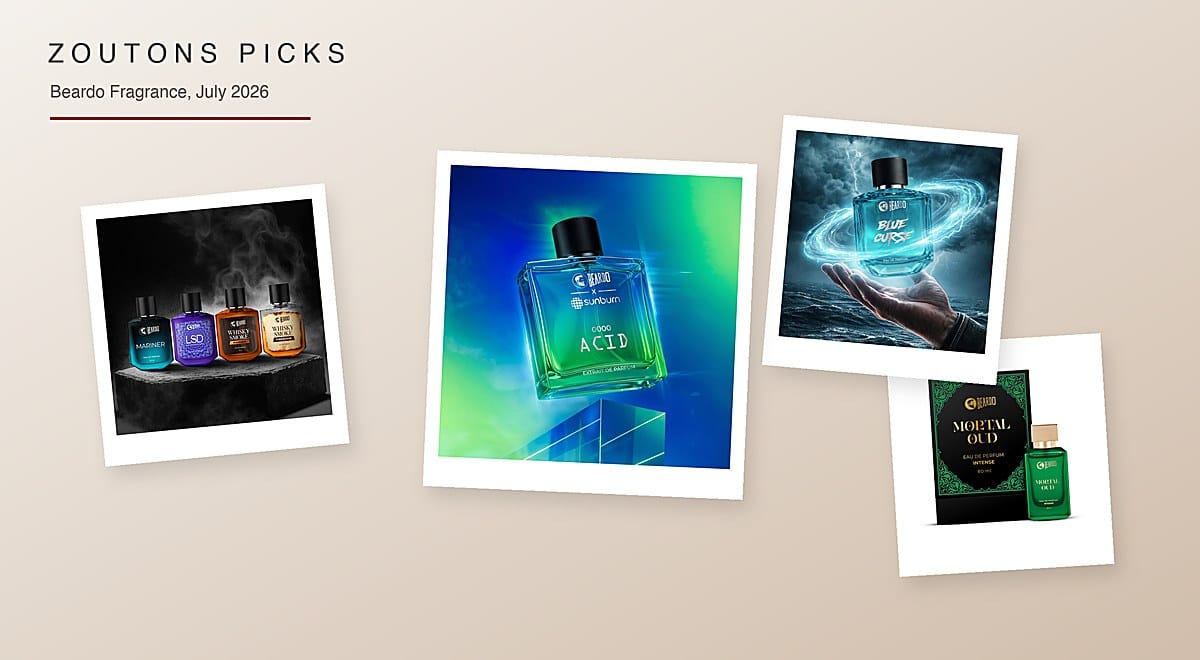 Beardo fragrance July 2026 Zoutons Picks collage — Sunburn ACID Extrait de Parfum, Best Seller four-bottle perfume combo, Blue Curse eau de parfum and Mortal Oud EDP