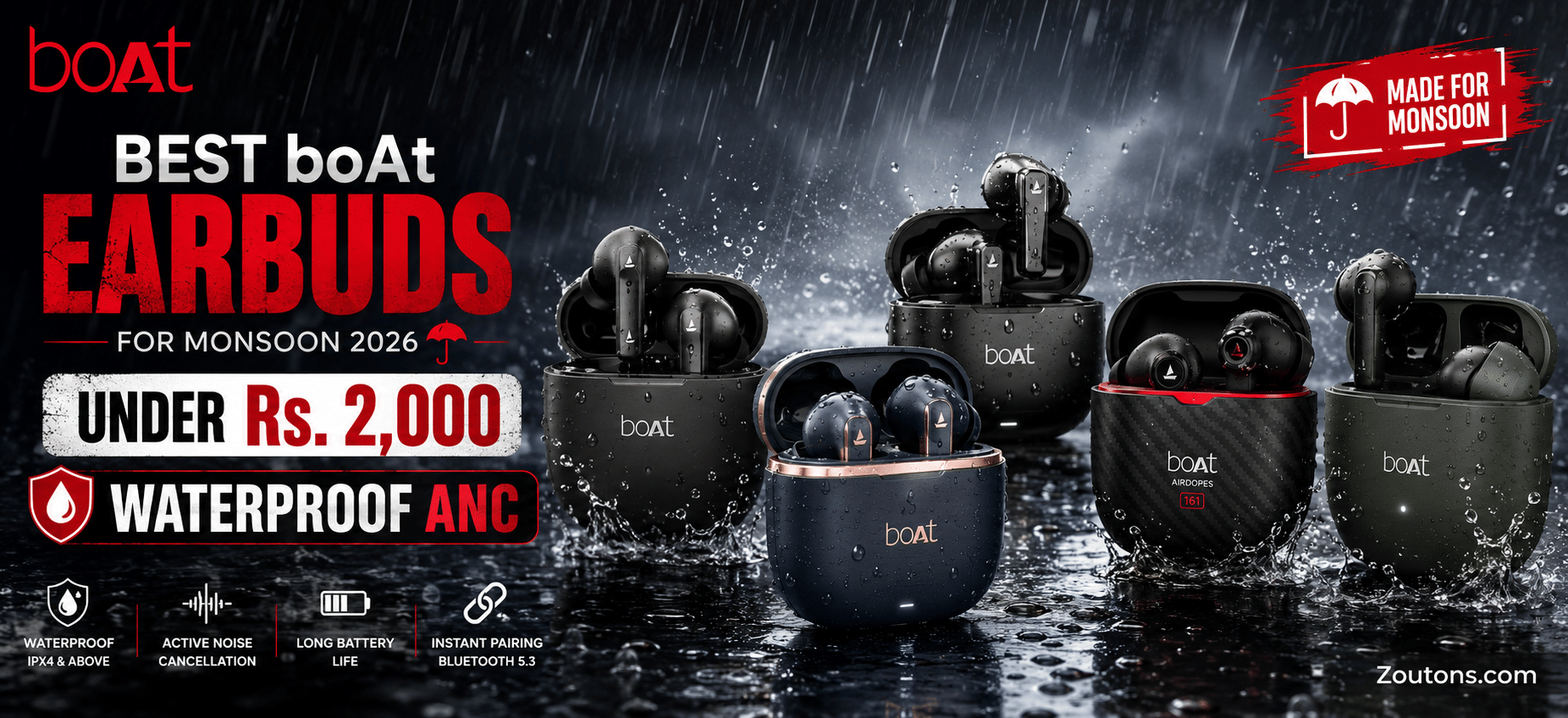 Best boAt Earbuds Under Rs. 2,000 With ANC for Monsoon 2026: Waterproof Picks