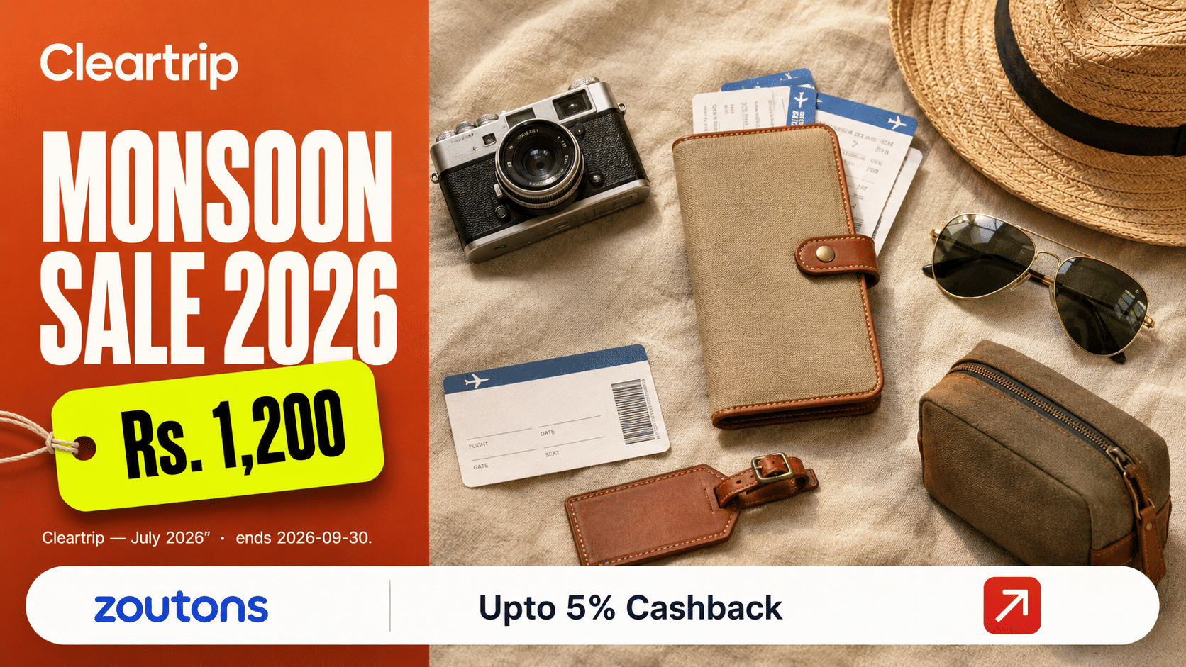 Cleartrip Monsoon Sale 2026 — Up to Rs. 1,200 off Flights and <strong class='bold'><strong class='bold'><strong class='bold'>50%</strong></strong></strong> off Hotels