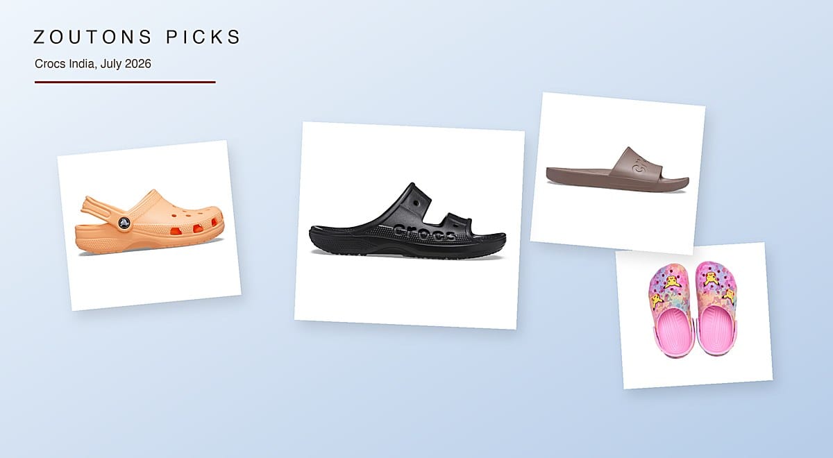 Crocs India July 2026 Zoutons Picks collage — Baya black unisex sandal, Classic Electric Sunstone kids clog, Crocs Truffle unisex slide and Pokemon Pikachu kids clog