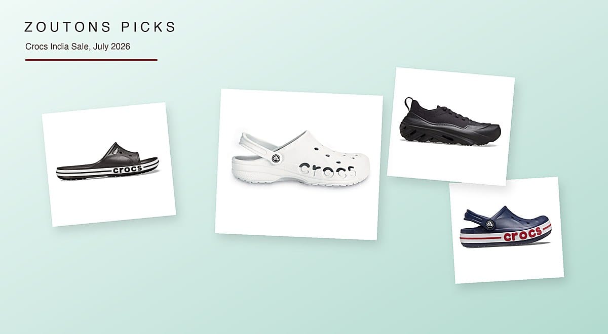 Crocs India sale July 2026 Zoutons Picks collage — Baya white unisex clog, Bayaband black and white slide, Echo Surge black sneaker, Bayaband navy kids clog