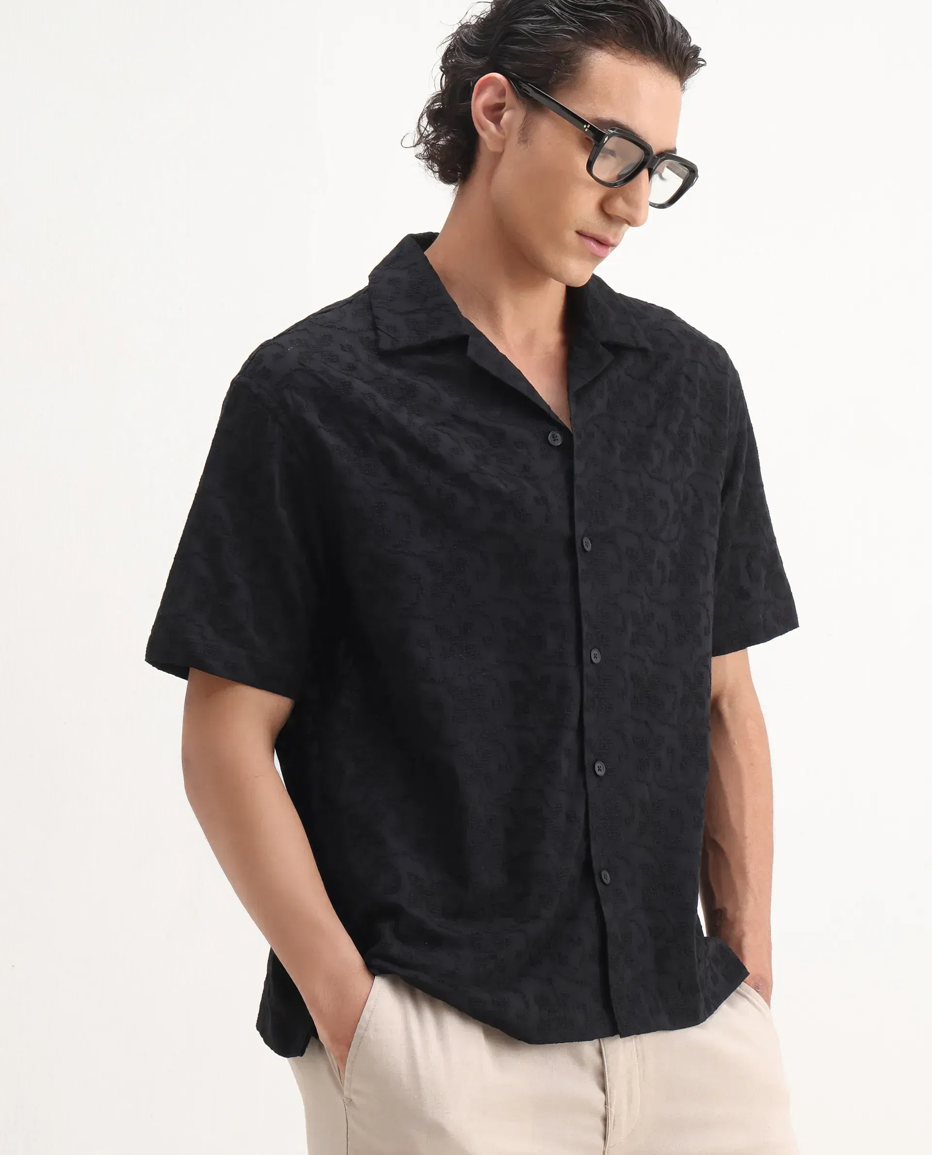 Black Cutwork Jacquard Cuban Shirt Beyoung Summer