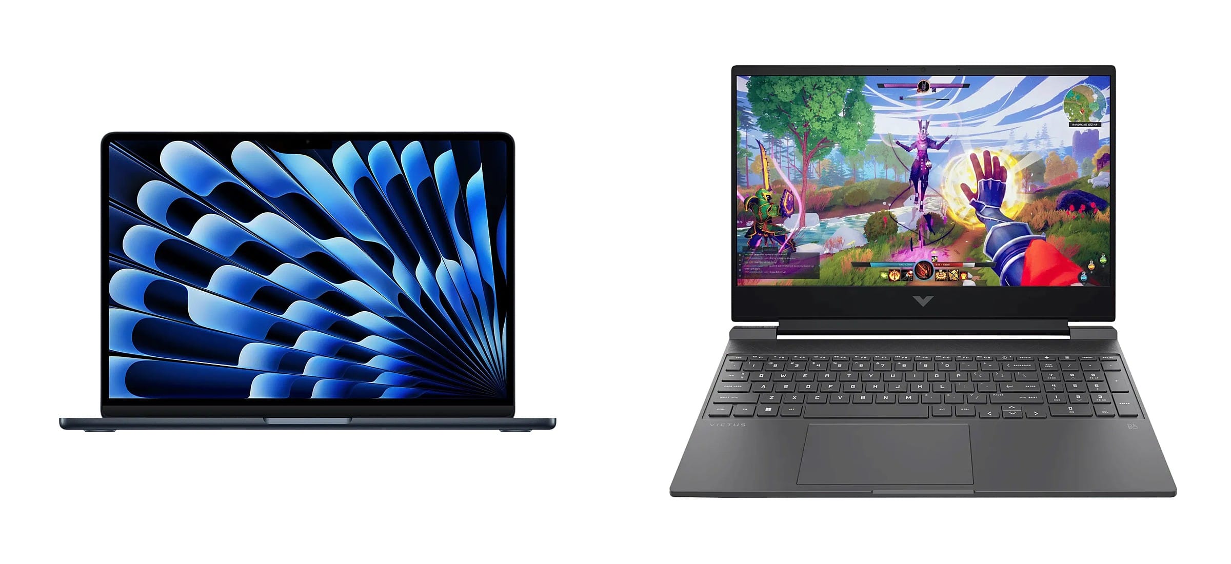A MacBook Air and an HP Victus gaming laptop side by side - the two halves of the laptop shelf this Croma August 2026 price read covers, from Rs. 50,990 to Rs. 4,18,990