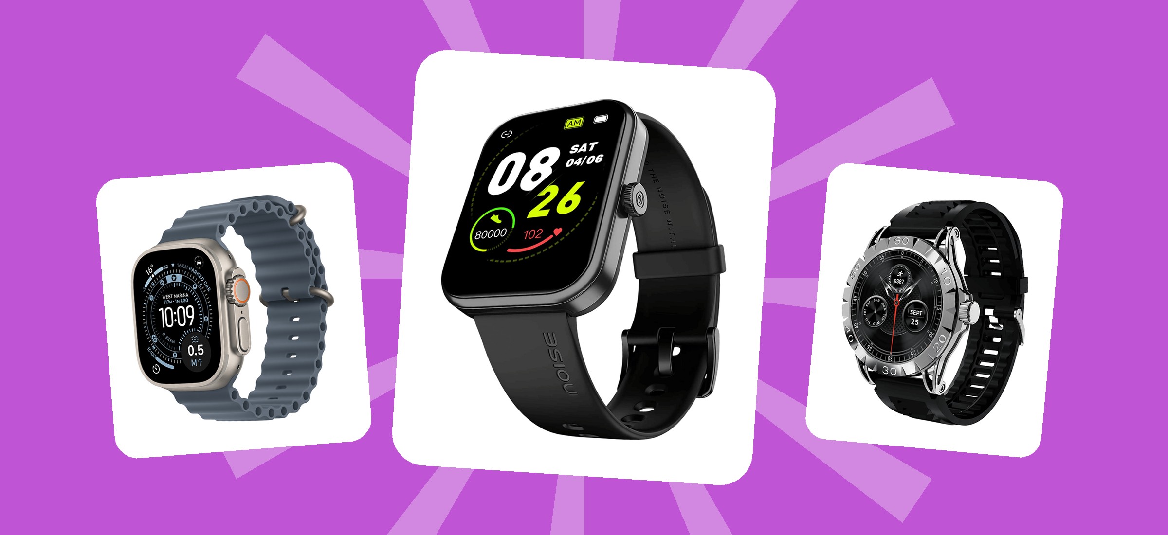 An Apple Watch Ultra, a Noise ColorFit and a GOBOULT Crown smartwatch from the Croma listings priced on this page, on a colour-block stage