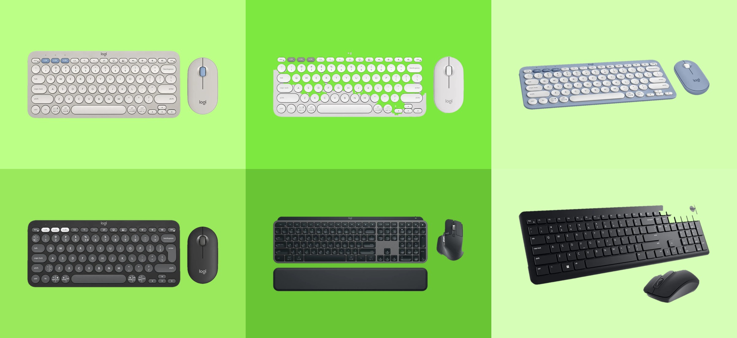Six of the wireless keyboard and mouse combos from this September 2026 read of Croma listings - four Logitech Pebble 2 colourways, an MX KEYS S and a Dell combo - shown as they appear on their Croma listing pages