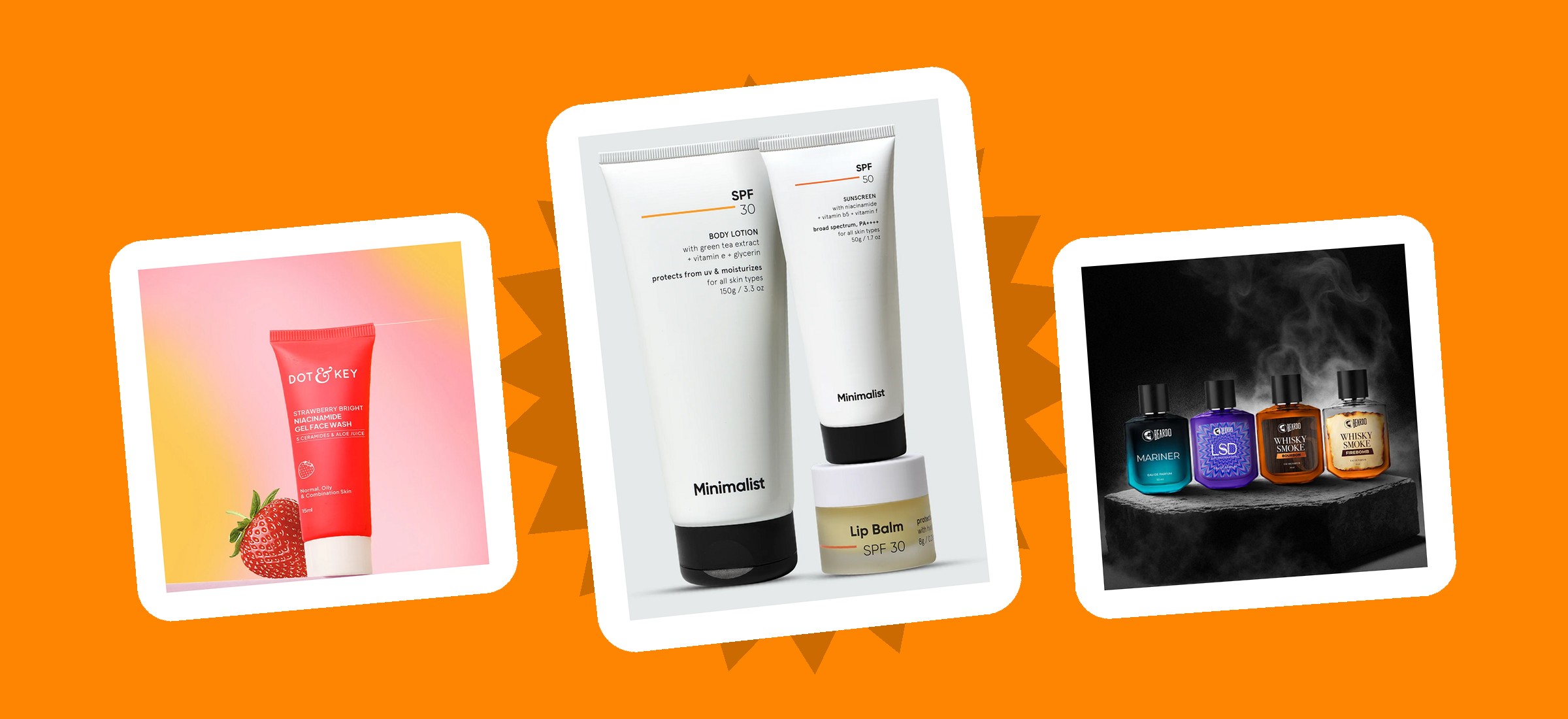 Products from Dot & Key, Minimalist and Beardo in the brands' own product photography - three of the six Indian D2C return policies compared on this page
