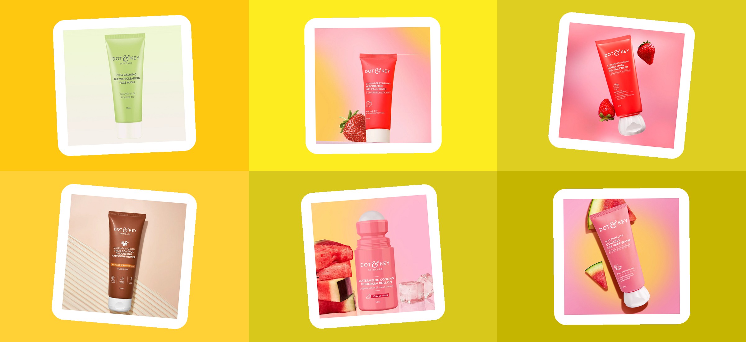 Dot & Key skincare products covered by this shipping policy - face wash tubes, a hair conditioner and an underarm roll-on - shown as they appear in the brand's own product photographs