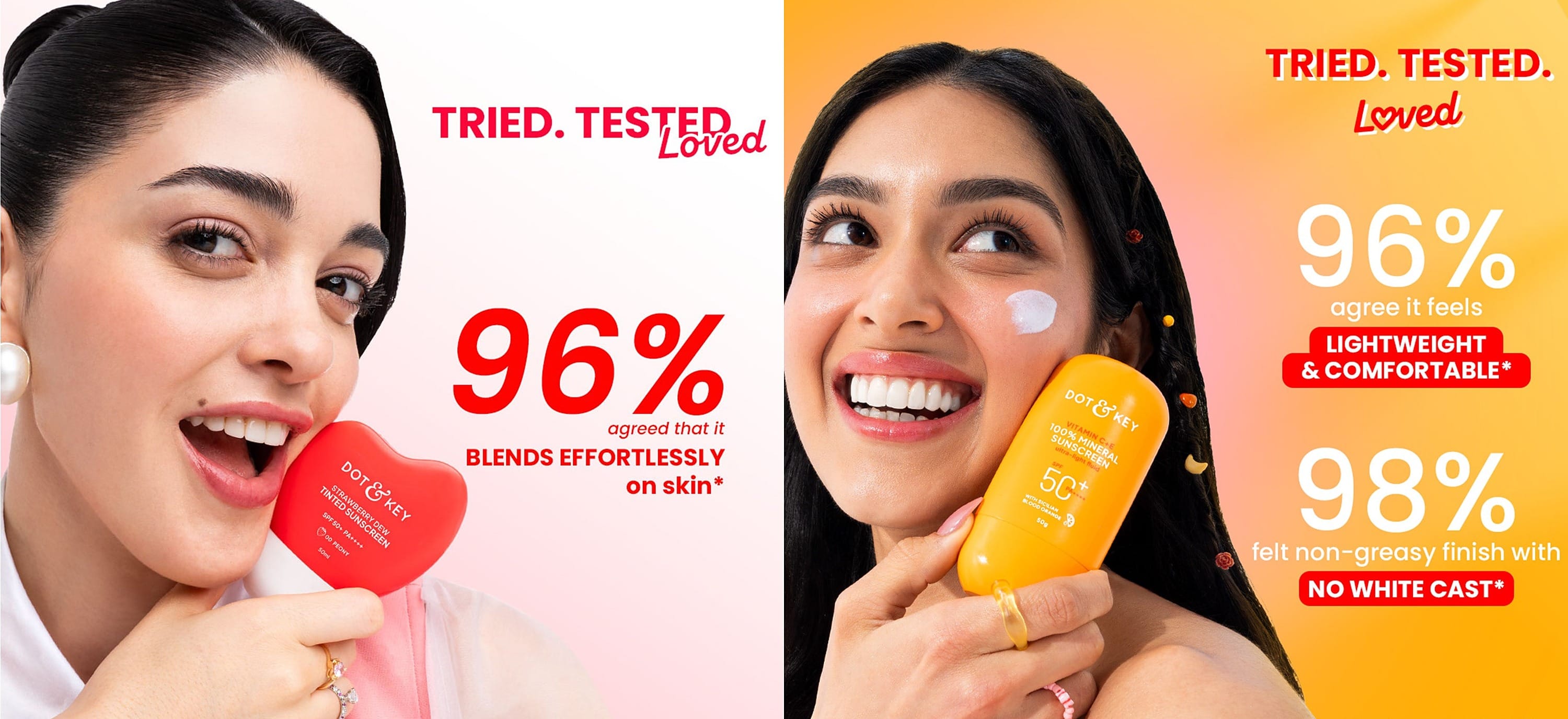 Two Dot & Key sunscreen campaign photographs, each showing a person holding an SPF 50+ bottle against their face - the sunscreen and skincare categories this August 2026 price read covers, from Rs. 99 to Rs. 550