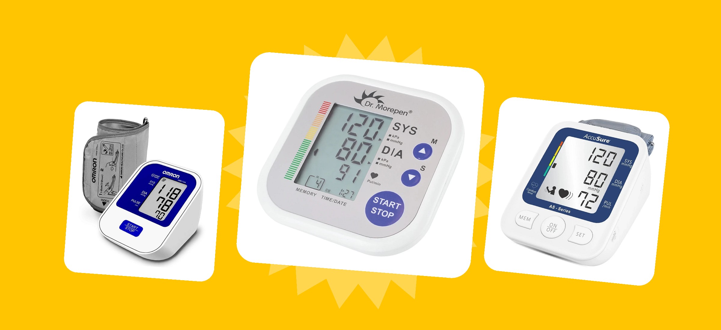 Three of the blood pressure monitors from this September 2026 read of Flipkart listings - an OMRON HEM-7124, a Dr. Morepen BP02 and an AccuSure AS upper-arm monitor - shown as they appear in their flipkart.com product photographs