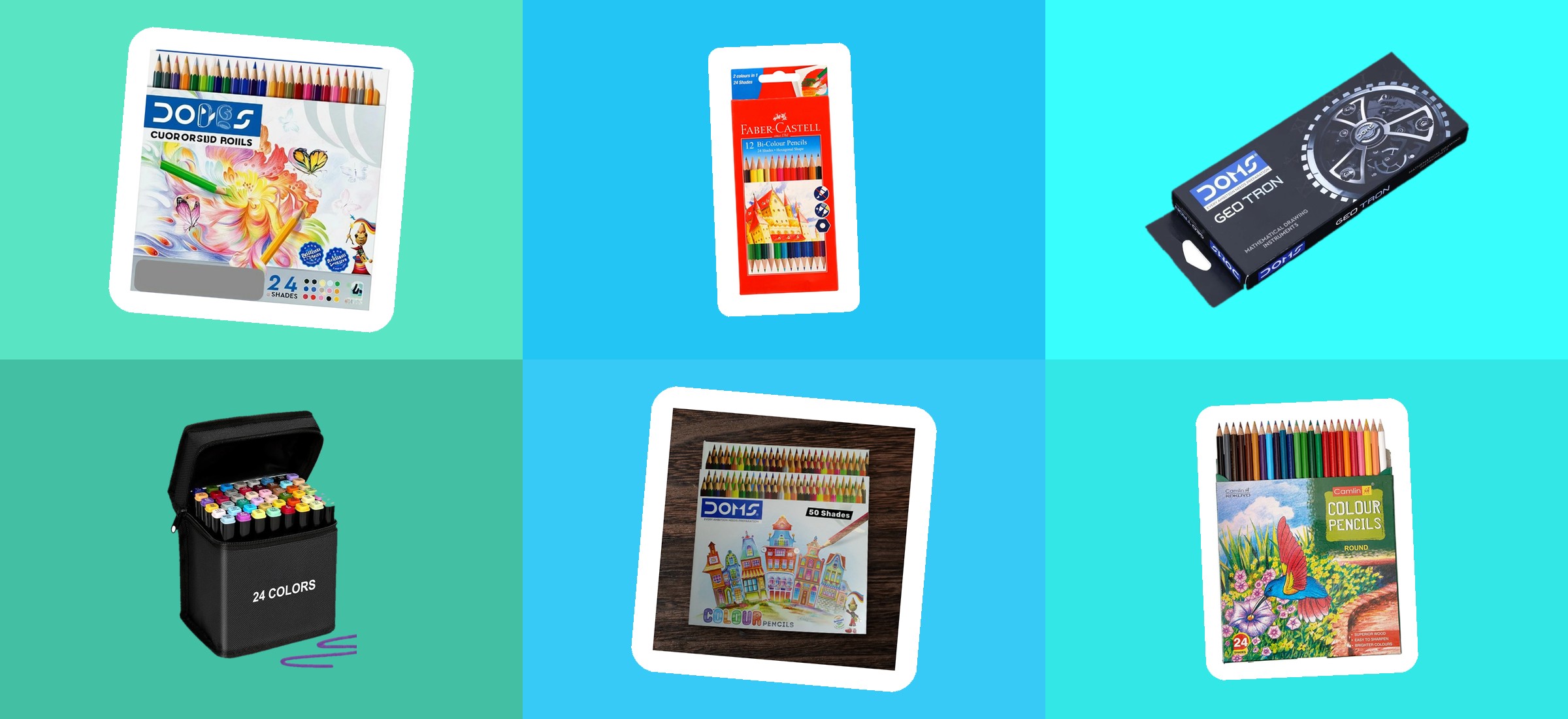 A DOMS 24-shade colour pencil tin, Faber-Castell bi-colour pack, DOMS Geotron geometry box, Eduwation marker set, DOMS 50-shade box and Camlin colour pencils from this read, in their own Flipkart listing photographs on a colour-block banner