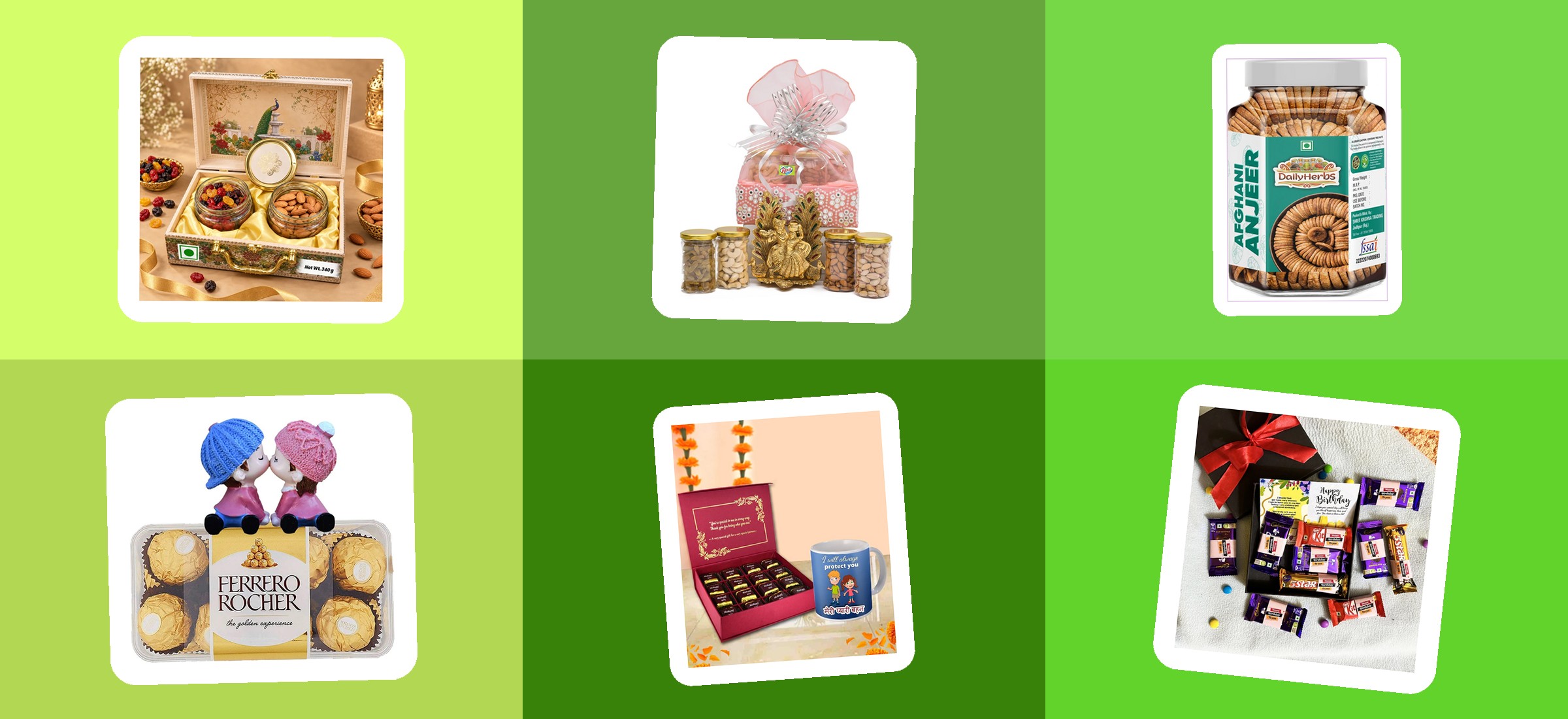 Six festive chocolate and dry-fruit gift packs from Flipkart's own listing photographs - the Diwali gifting shelf this price read covers