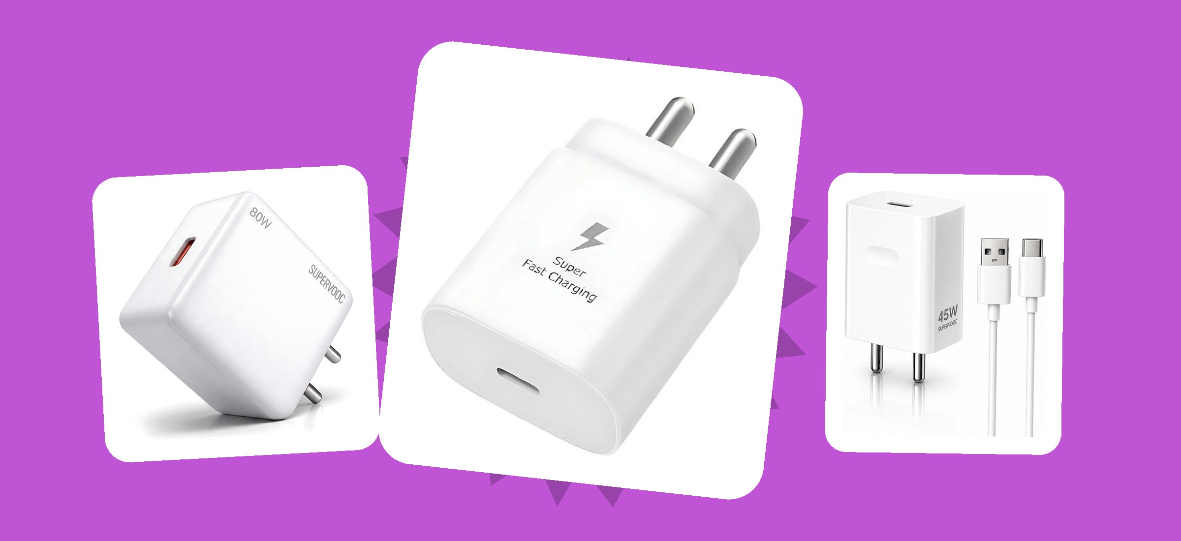 Three mobile chargers from this read, shown in their own Flipkart listing photographs on a colour-block panel - the charger shelf the title leads with